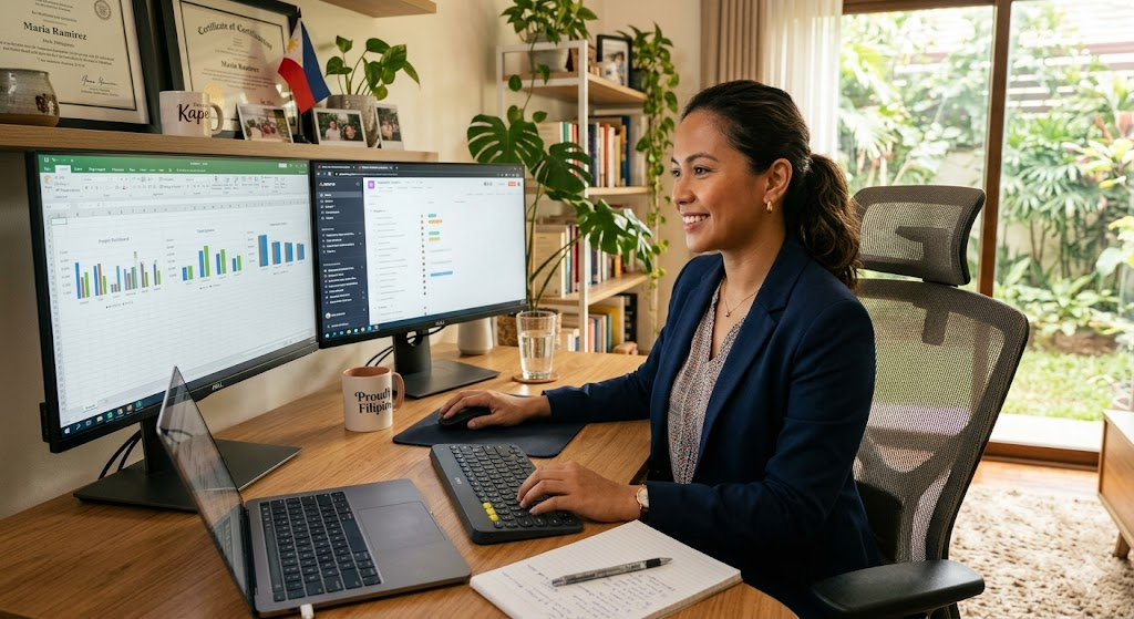 Filipino professional working from modern home office