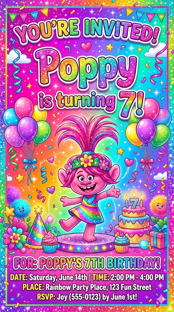 Trolls Birthday Invitation